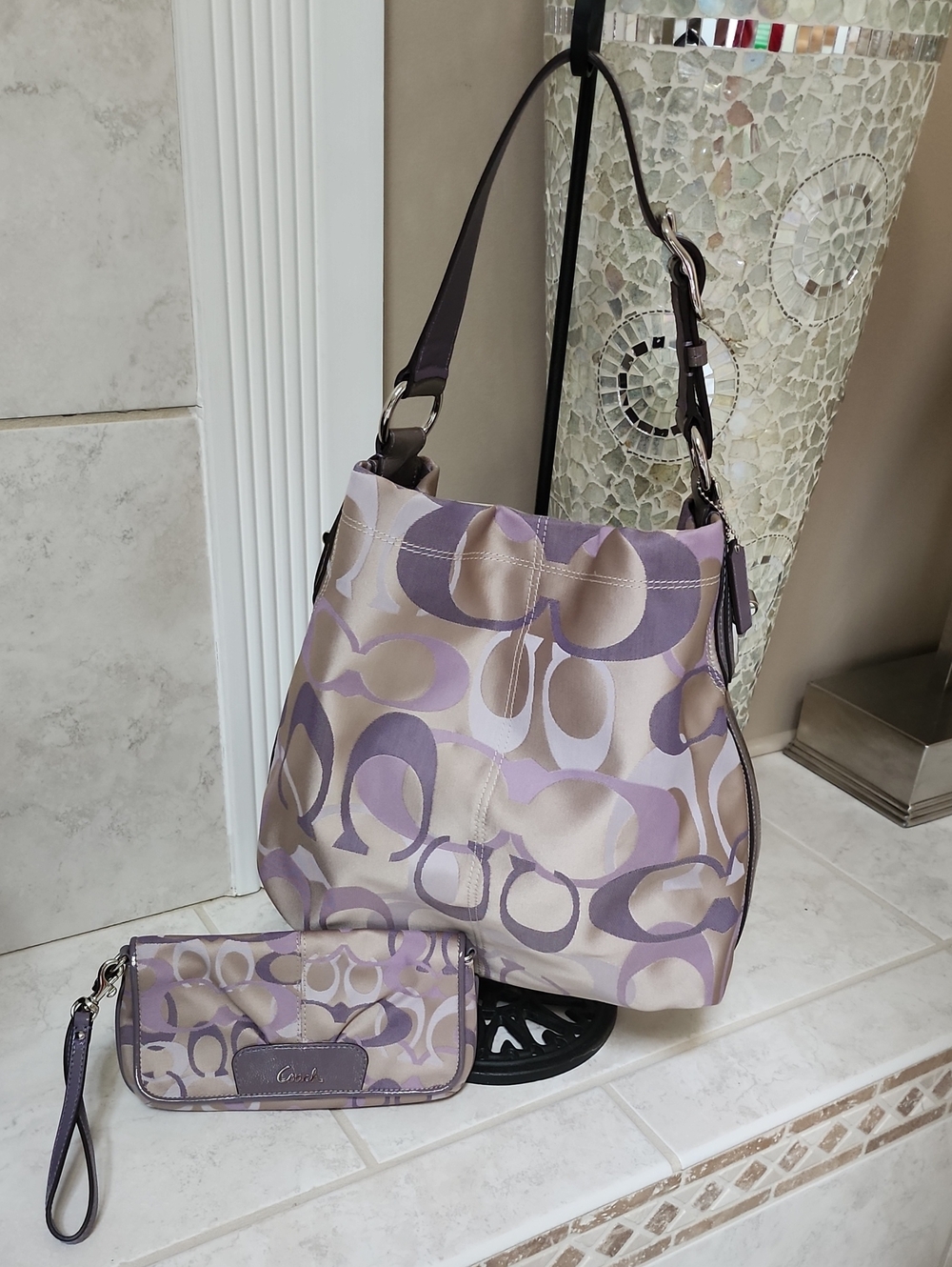 🌟💜 COACH OP SIGNATURE PURPLE/KHAKI Shoulder BAG & Matching Large WRISTLET 💜🌟